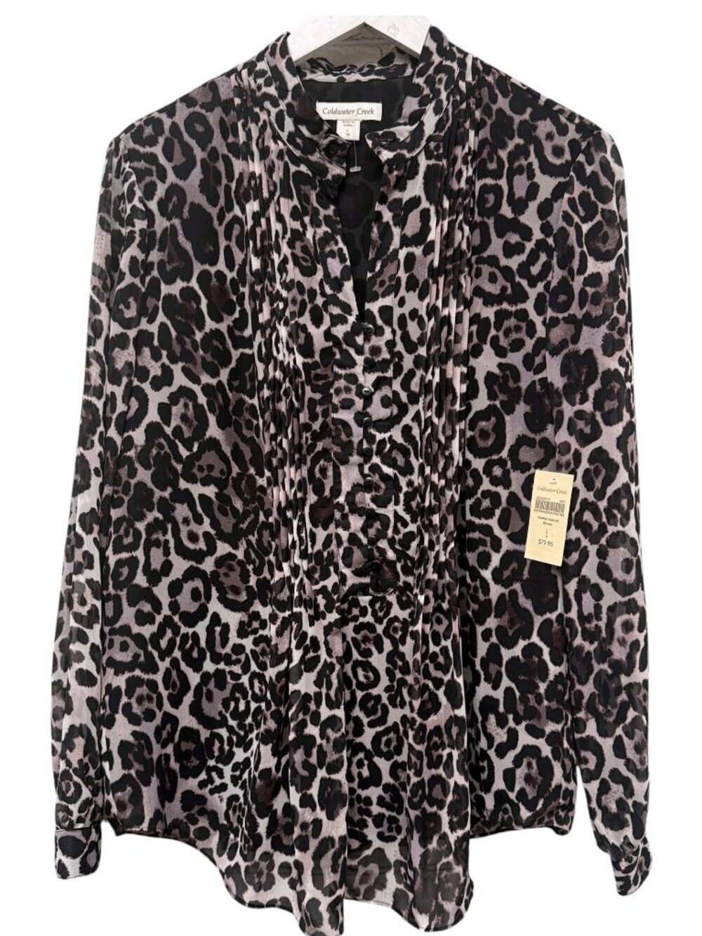 COLDWATER CREEK Leopard Print Blouse Size Large Chiffon Womens Tunic Top Black